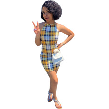 2020 women latest design summer plaids printed casual dress hot selling sleeveless backless dresses mini bodycon slip dress